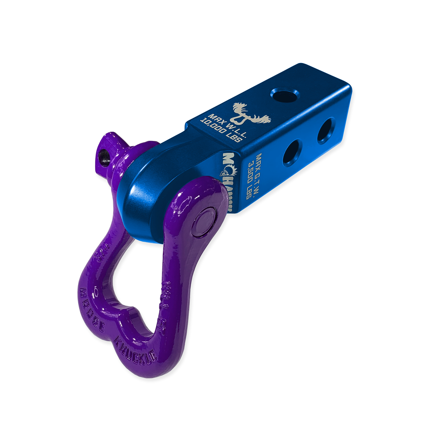 Moose Knuckle Offroad XL Grape Escape 3/4" Purple D-Ring Shackle and Blue Pill Mohawk 2.0 Shackle Receiver Combo for off-roading vehicle recovery and towing.
