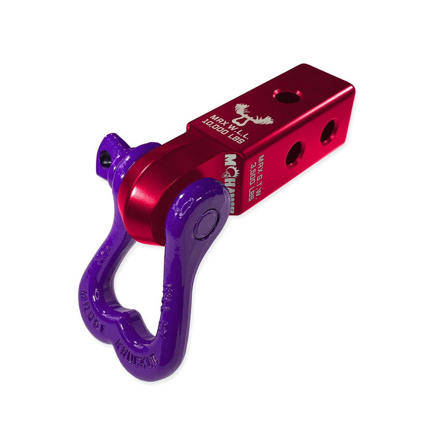 Moose Knuckle Offroad XL Grape Escape 3/4" Purple D-Ring Shackle and Red Rum Mohawk 2.0 Shackle Receiver Combo for off-road vehicle recovery and towing.
