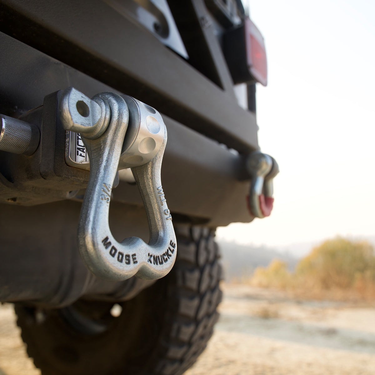 Galvanized Recovery Shackle on a factor55 hitch receiver mount | Moose Knuckle Offroad