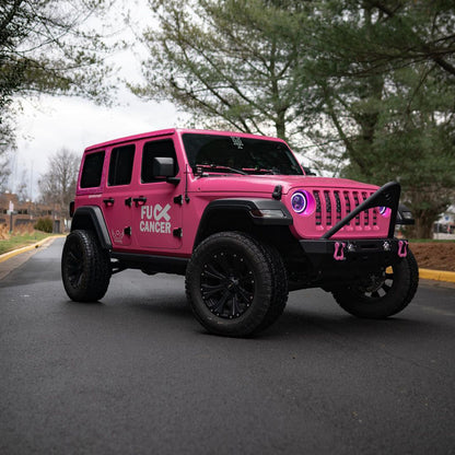 Pink Recovery Shackles on a Pink Jeep Wrangler JL customer front bumper | Moose Knuckle Offroad Recovery Gear