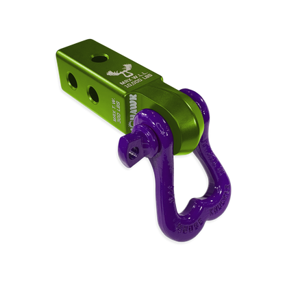 Moose Knuckle Offroad XL Grape Escape 3/4" Purple D-Ring Shackle and Bean Green Mohawk 2.0 Shackle Receiver Combo for off-roading vehicle recovery and towing.