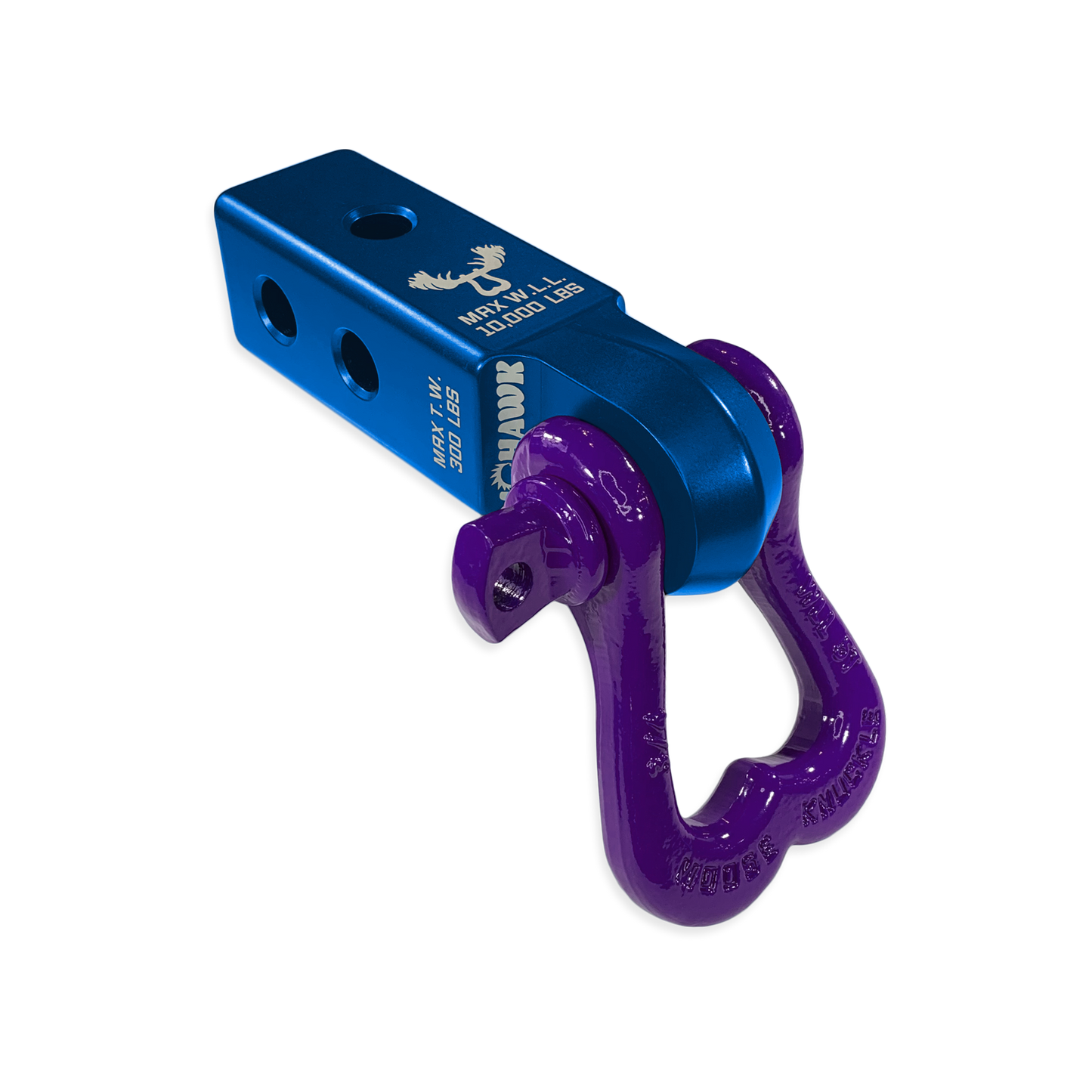 Moose Knuckle Offroad XL Grape Escape Purple D-Ring Shackle and Blue Pill Mohawk 2.0 Shackle Receiver Combo for off-roading vehicle recovery and towing.