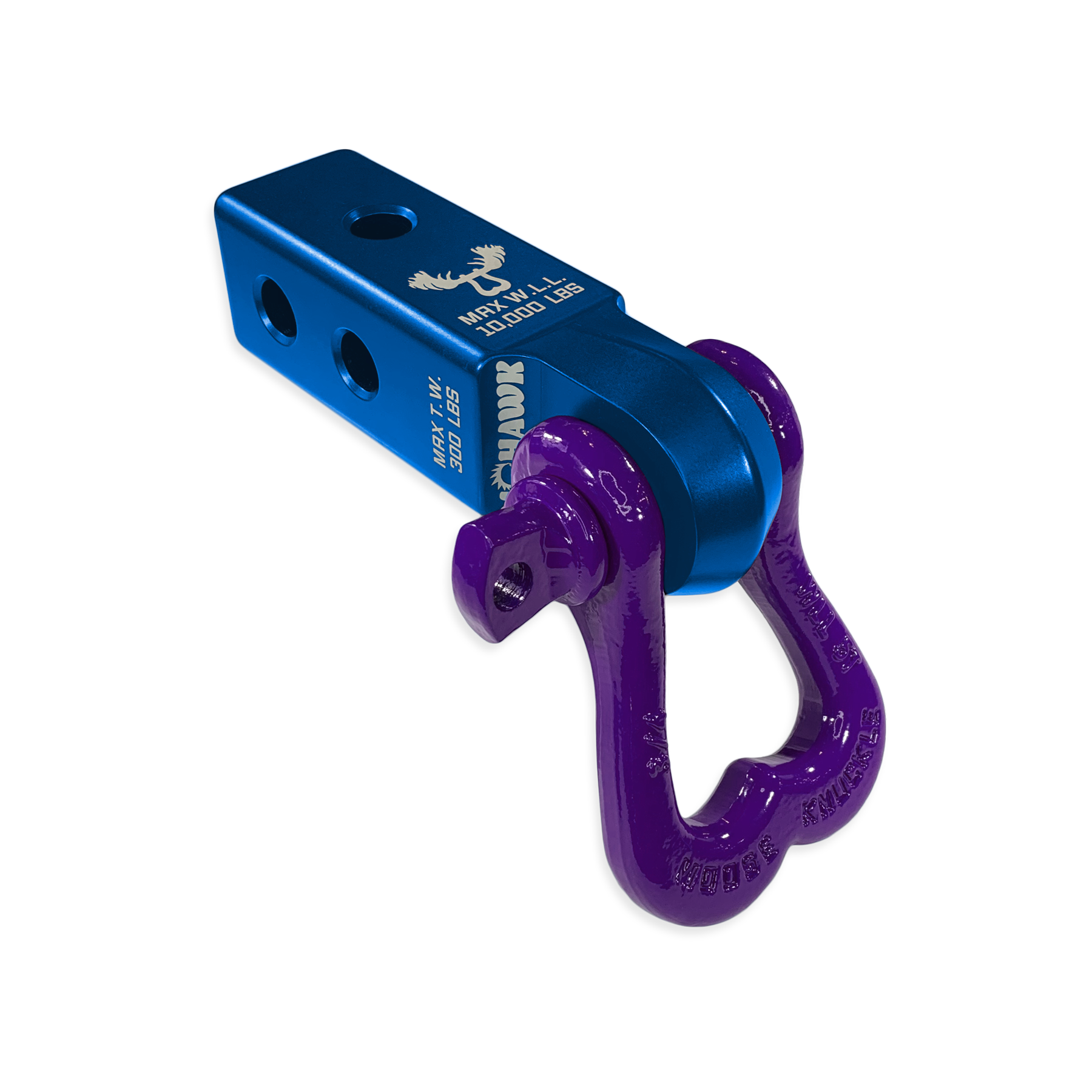 Moose Knuckle Offroad XL Grape Escape Purple D-Ring Shackle and Blue Pill Mohawk 2.0 Shackle Receiver Combo for off-roading vehicle recovery and towing.