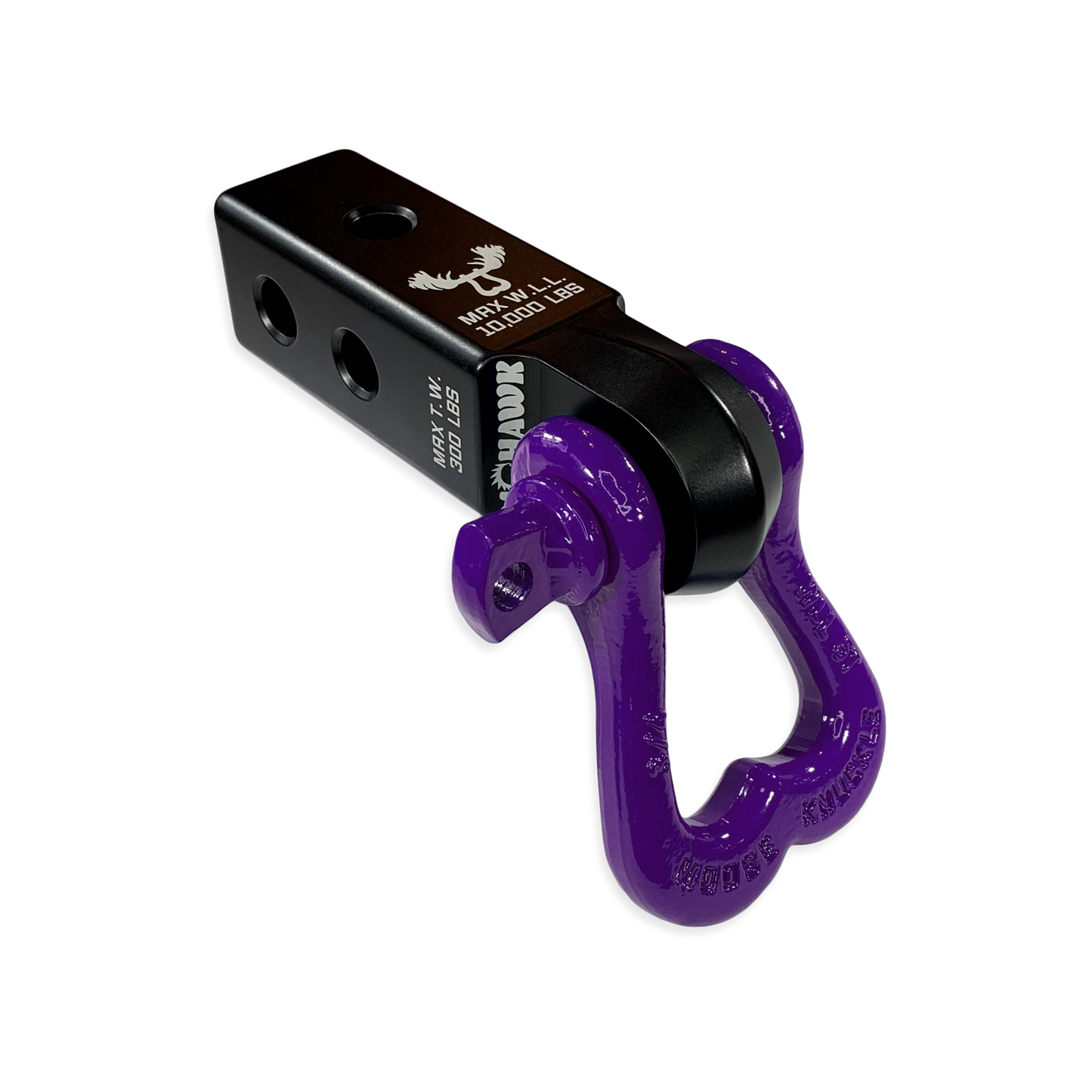 Moose Knuckle Offroad XL Grape Escape Purple D-Ring Shackle and Black Lung Mohawk 2.0 Shackle Receiver Combo for off-roading vehicle recovery and towing.