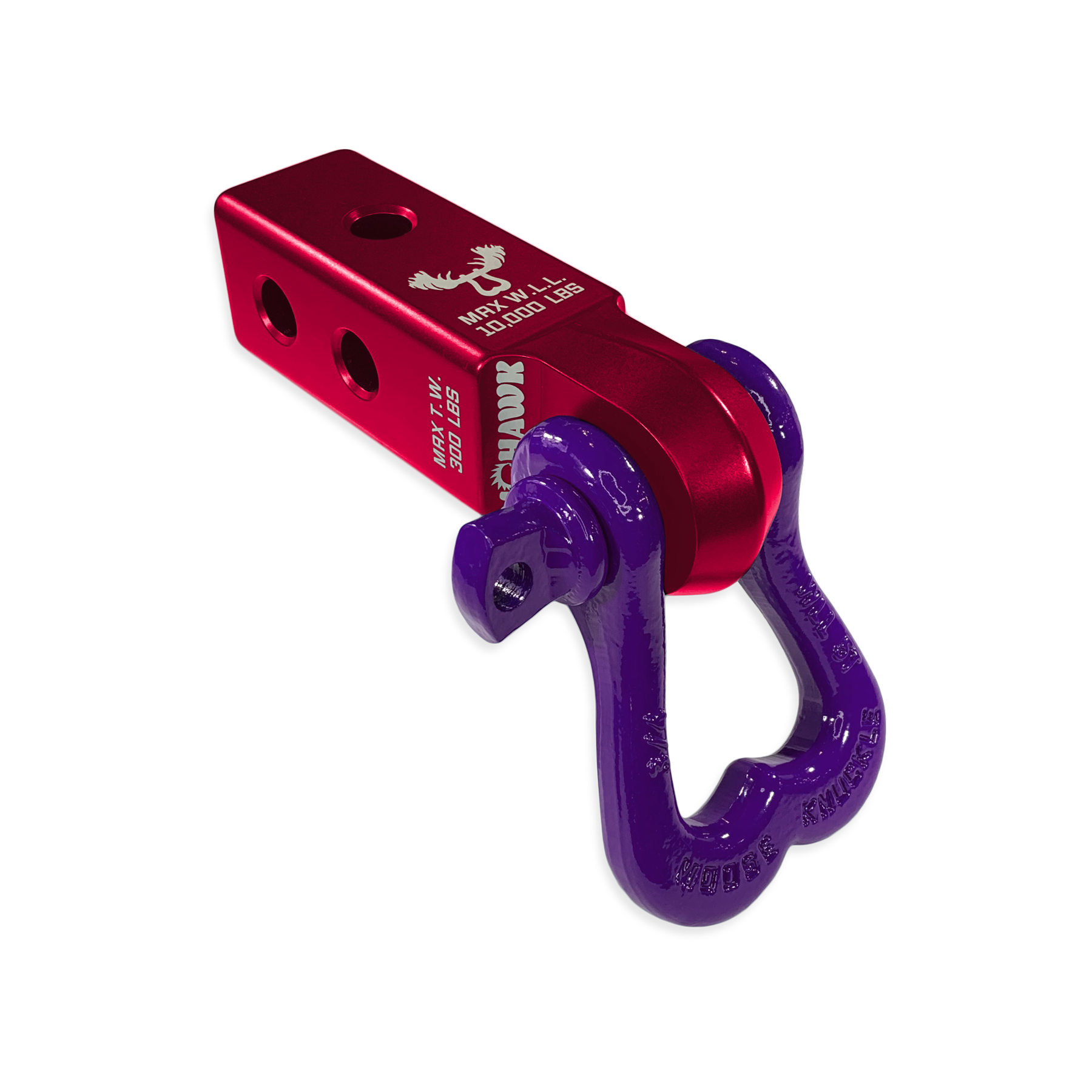 Moose Knuckle Offroad XL Grape Escape Purple D-Ring Shackle and Red Rum Mohawk 2.0 Shackle Receiver Combo for off-road vehicle recovery and towing. 