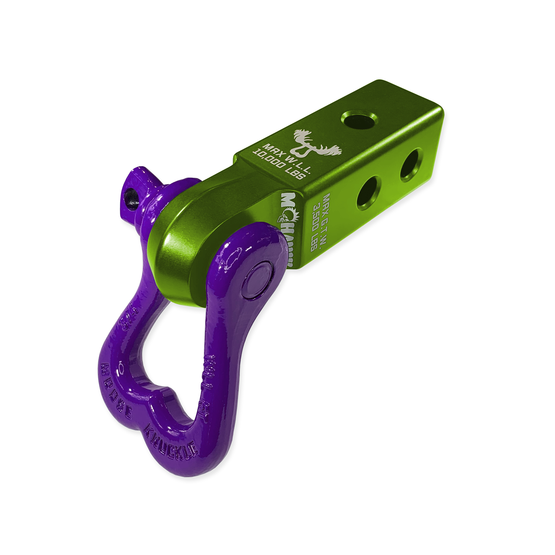 Moose Knuckle Offroad XL Grape Escape Purple D-Ring Shackle and Bean Green Mohawk 2.0 Shackle Receiver Combo for off-roading vehicle recovery and towing.