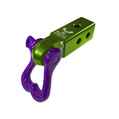 Moose Knuckle Offroad XL Grape Escape Purple D-Ring Shackle and Bean Green Mohawk 2.0 Shackle Receiver Combo for off-roading vehicle recovery and towing.