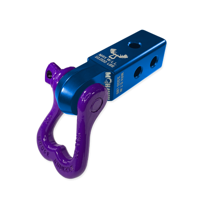 Moose Knuckle Offroad XL Grape Escape 3/4" Purple D-Ring Shackle and Blue Pill Mohawk 2.0 Shackle Receiver Combo for off-roading vehicle recovery and towing.