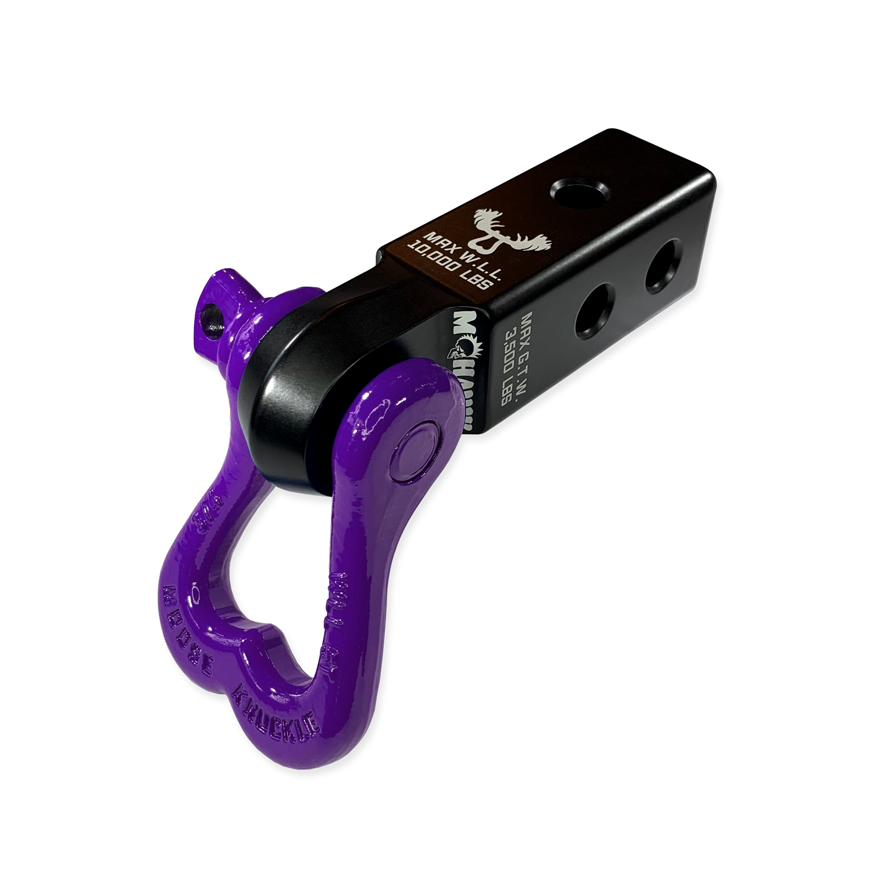 Moose Knuckle Offroad XL Grape Escape 3/4" Purple D-Ring Shackle and Black Lung Mohawk 2.0 Shackle Receiver Combo for off-roading vehicle recovery and towing.