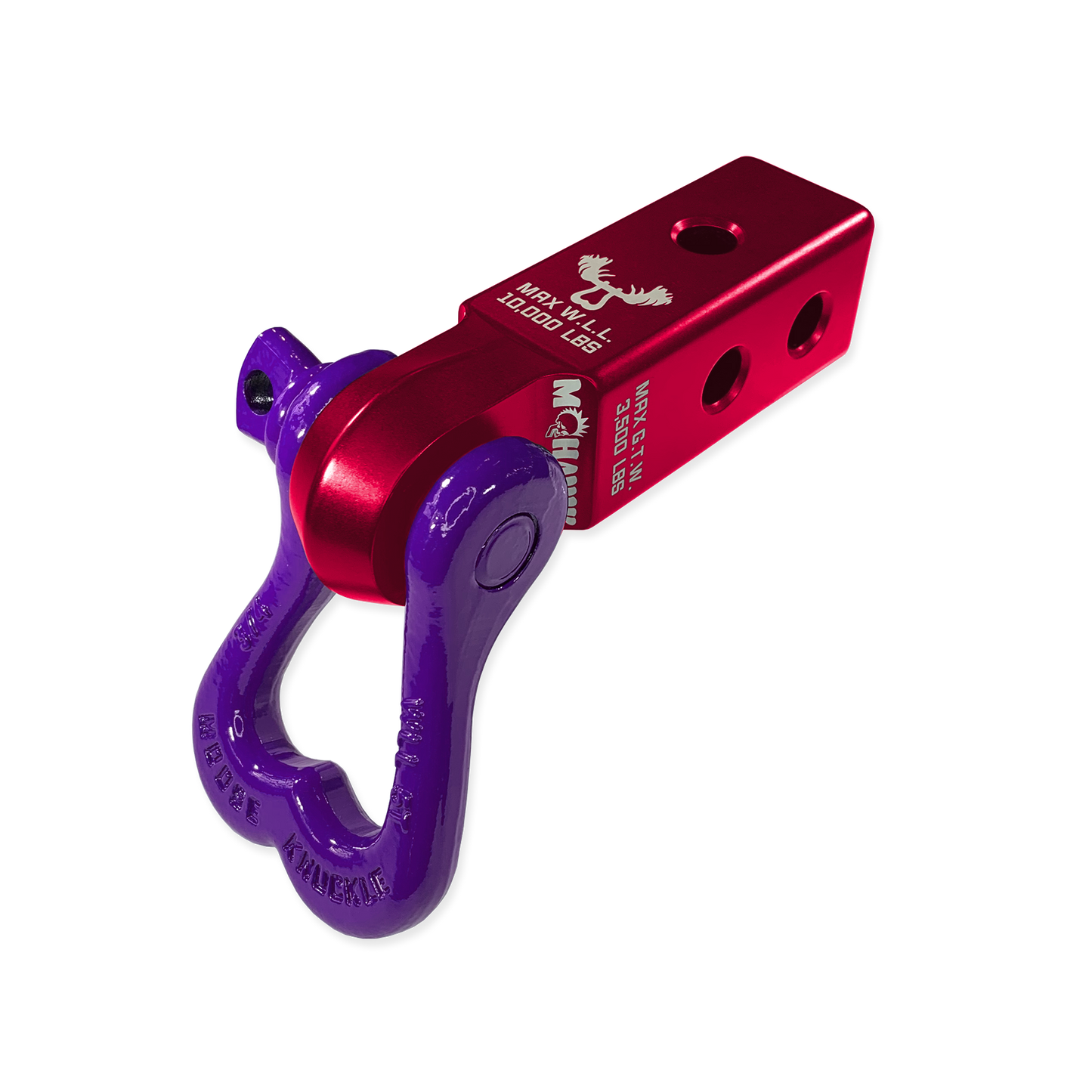 Moose Knuckle Offroad XL Grape Escape 3/4" Purple D-Ring Shackle and Red Rum Mohawk 2.0 Shackle Receiver Combo for off-road vehicle recovery and towing. 