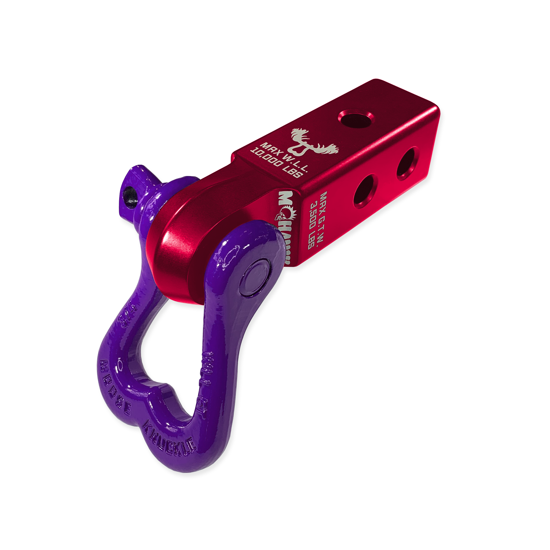 Moose Knuckle Offroad XL Grape Escape 3/4" Purple D-Ring Shackle and Red Rum Mohawk 2.0 Shackle Receiver Combo for off-road vehicle recovery and towing. 